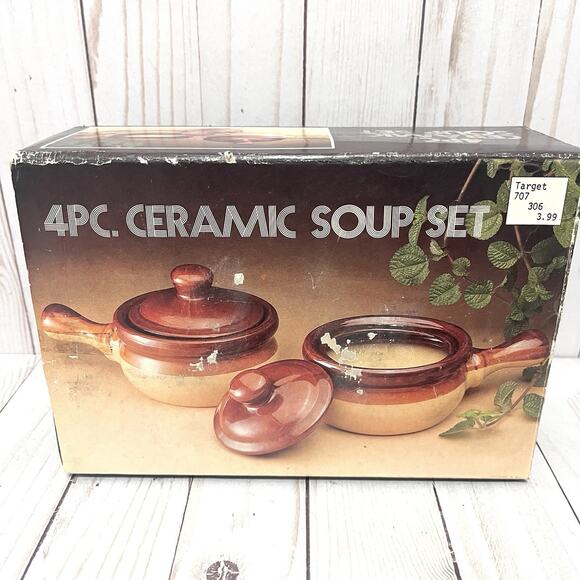 Vintage Set of 4 Pc Onion Soup Bowls with Handle & Lids Brown Glazed Ceramic NIB - Picture 1 of 6